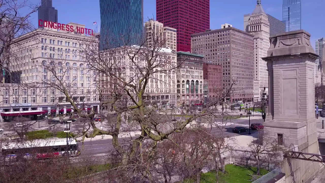 A rising aerial shot over downtown Chicago