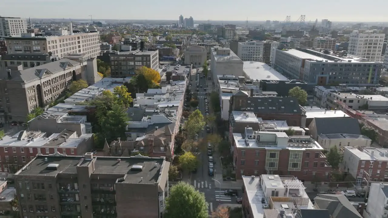 Aerial flyover of a street in north Philadelphia Pennsylvania