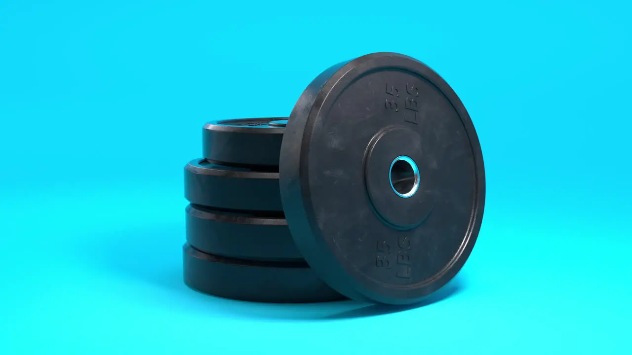 Photorealistic 3D Animation black weight plates stacked up against a blue background