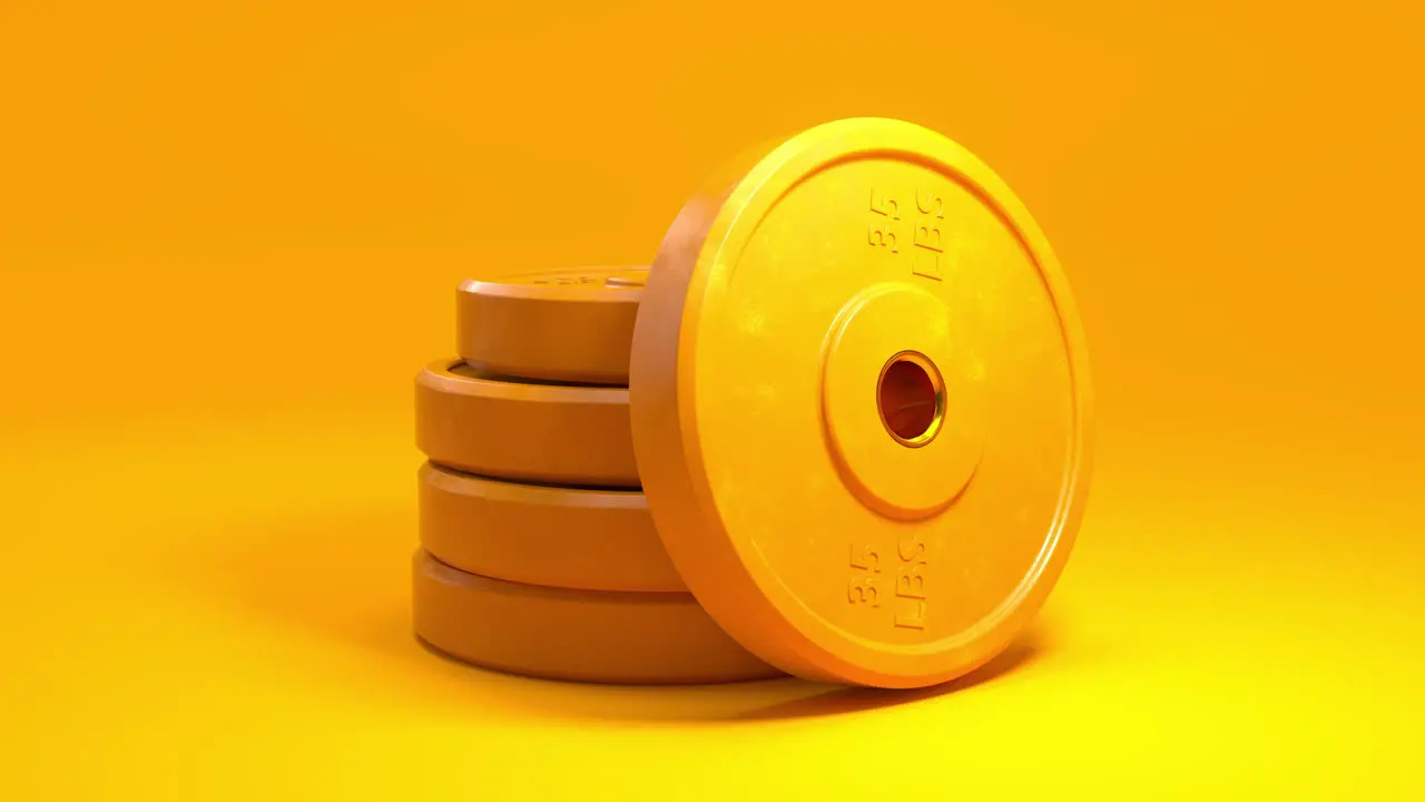 Dynamic 3D Animation Yellow weight plates stack up against a vibrant background