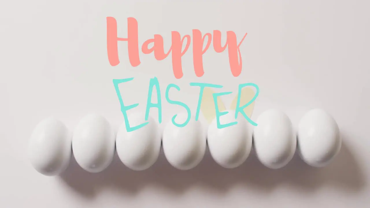 Animation of happy easter text over white easter eggs on white background