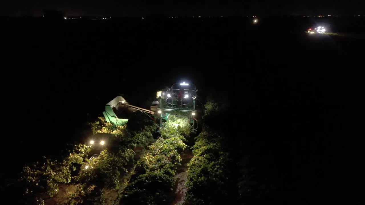 An aerial shot of a wine grape harvester