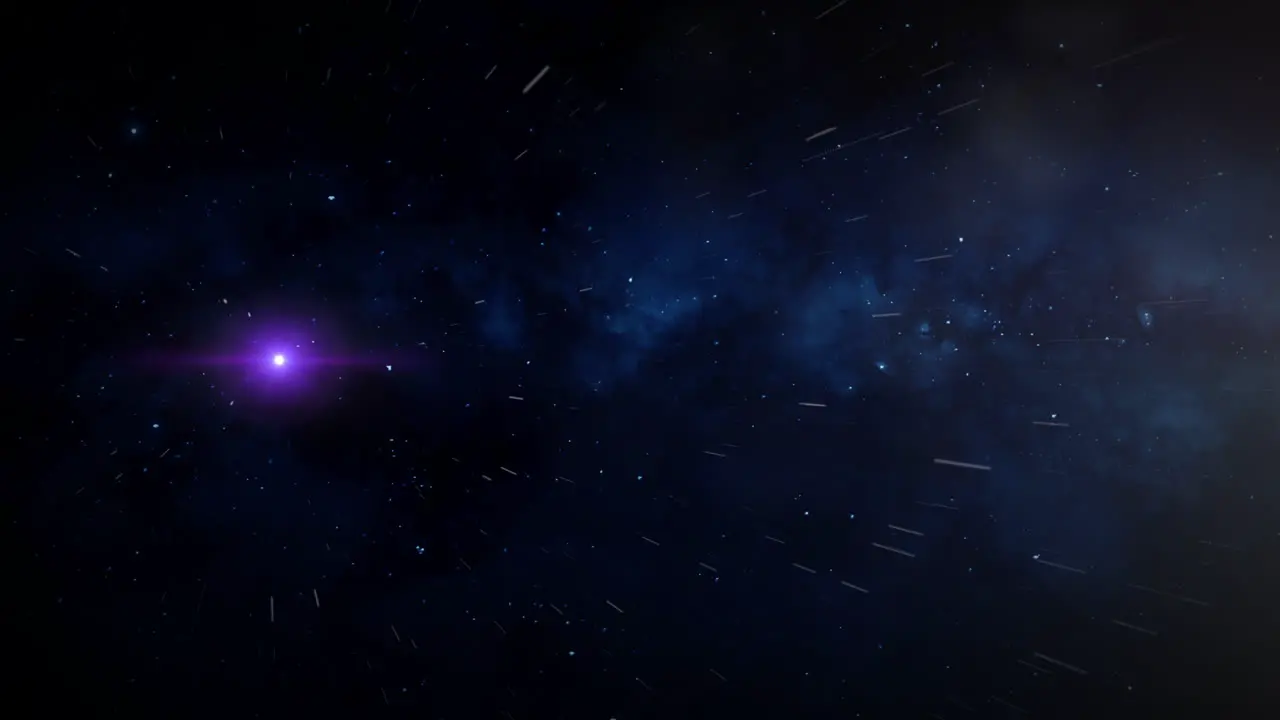 A purple orb travels at warp speed through space and away from the camera