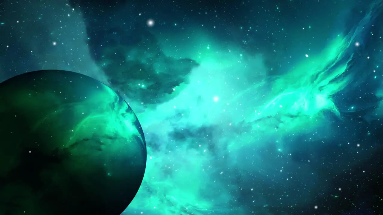 green planets and blue nebula clouds in the universe