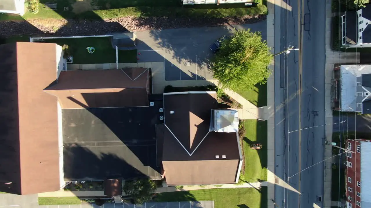 Overhead aerial birds eye view of church building