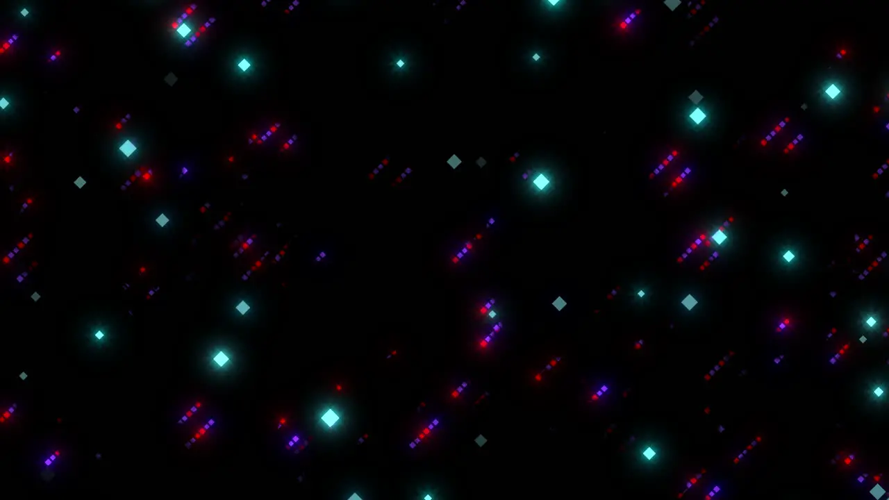 Digital rainbow dots and squares with glitch effect on black screen