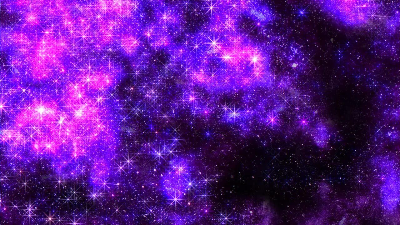 Purple stars with nebula and glitters effect in dark galaxy