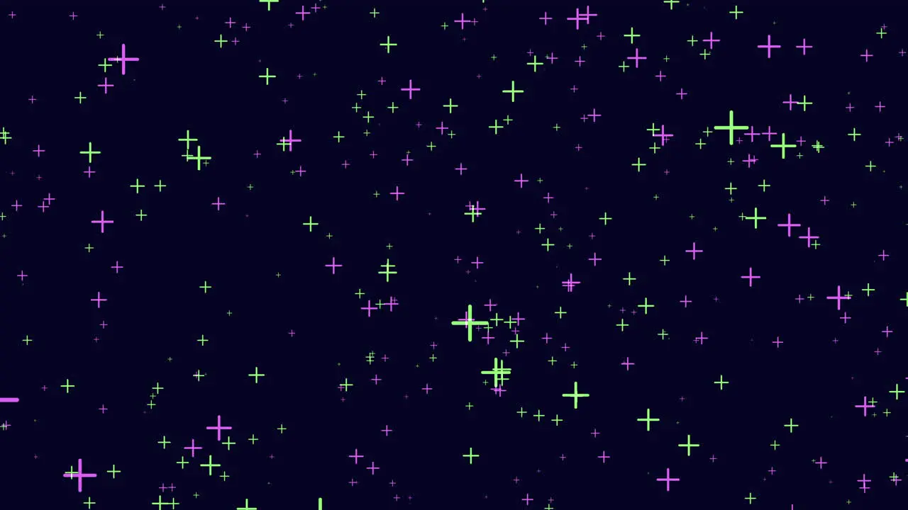 Fly small green and purple crosses in dark space