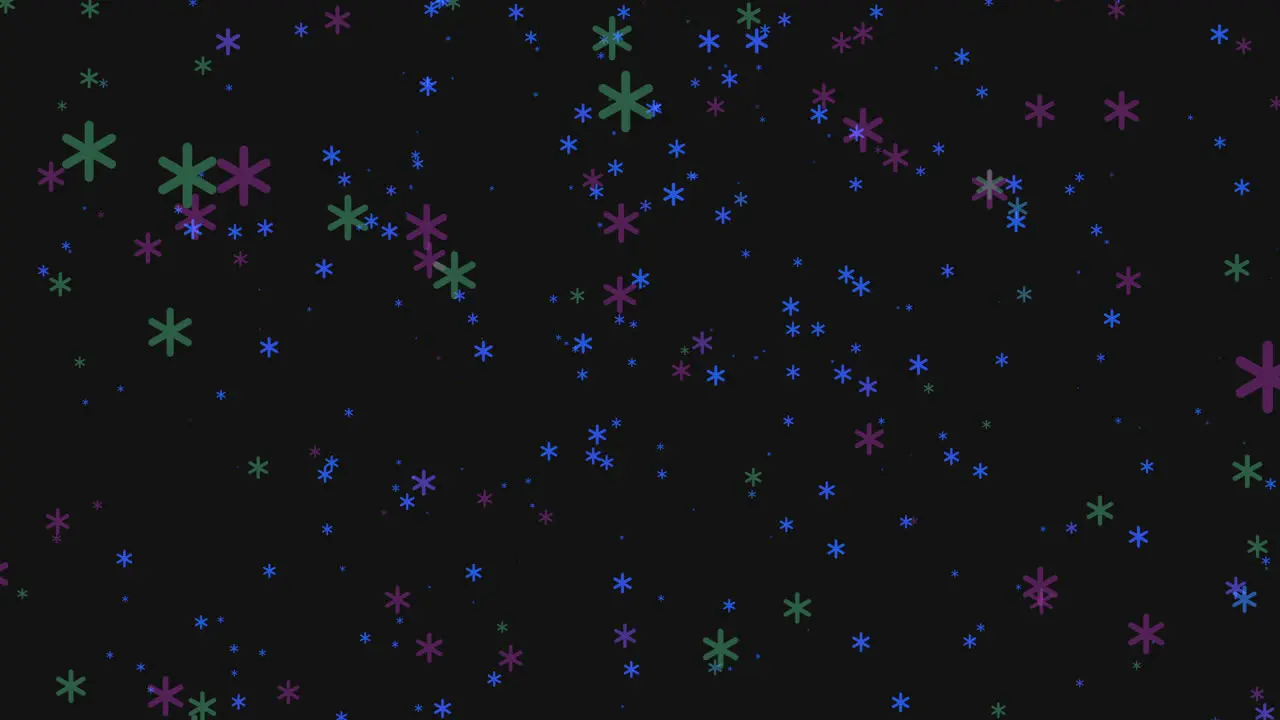 Fly colorful snowflakes on blue dark sky