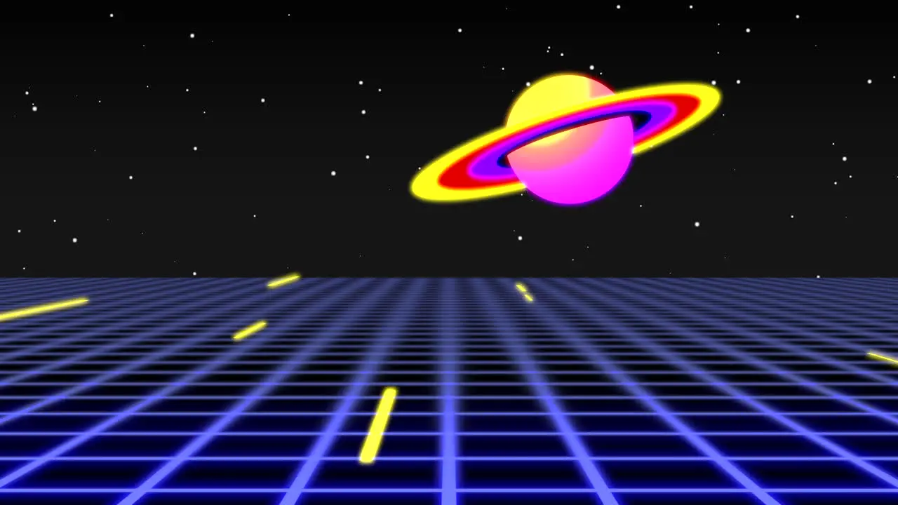 Retro neon landscape with planet and blue grid in dark galaxy