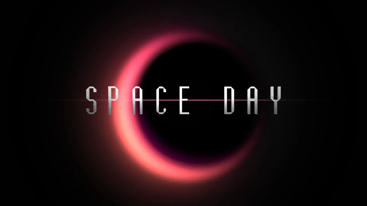 Futuristic black and red nebula with glowing Space Day text