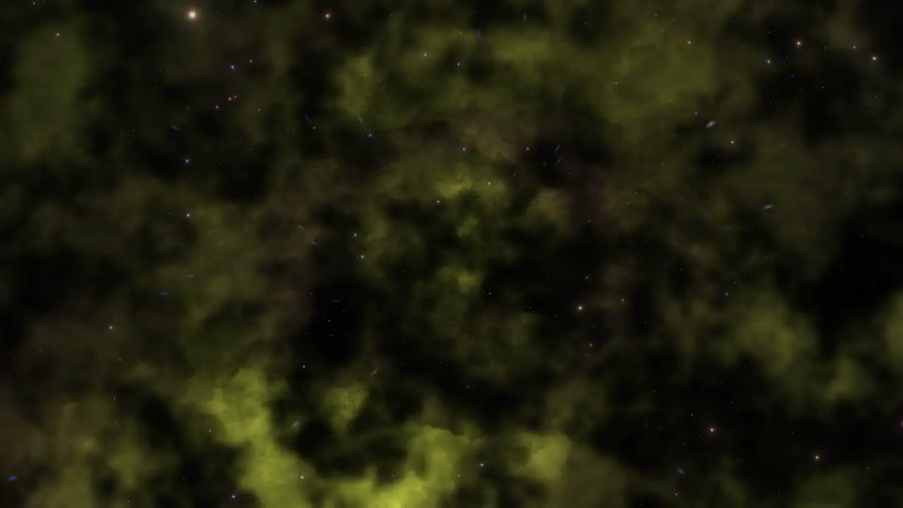 CGI universe zoom by of stars in vast dark yellow dustlike nebula cloud in deep space wide view