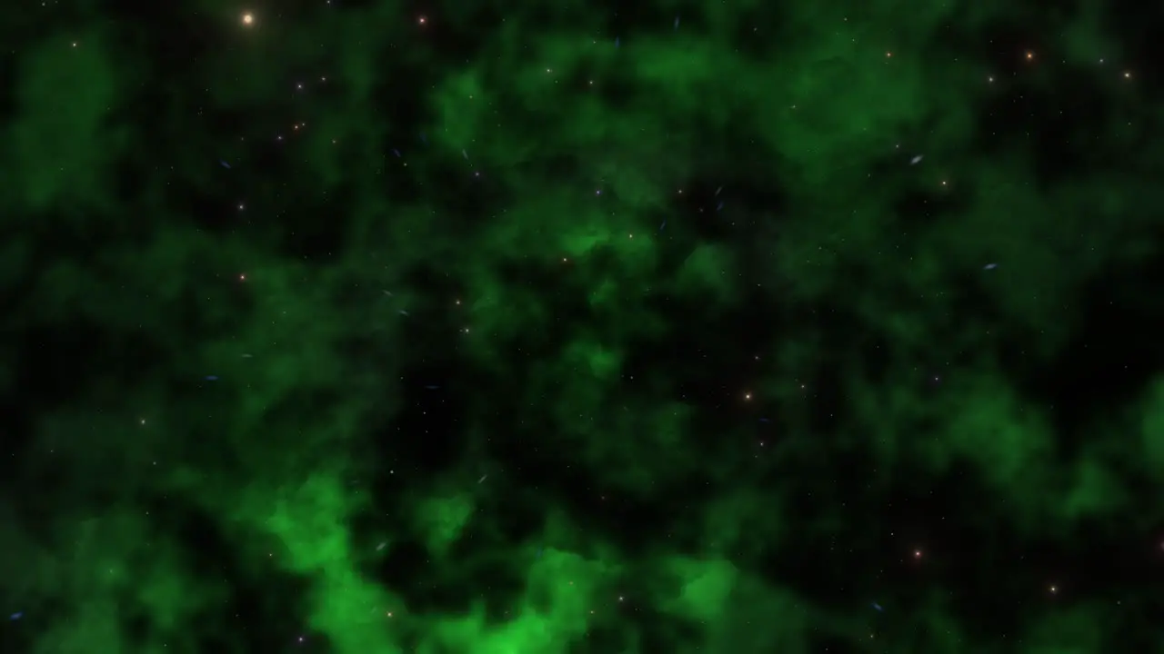 CGI universe zoom by of stars in vast dark green dustlike nebula cloud in deep space wide view