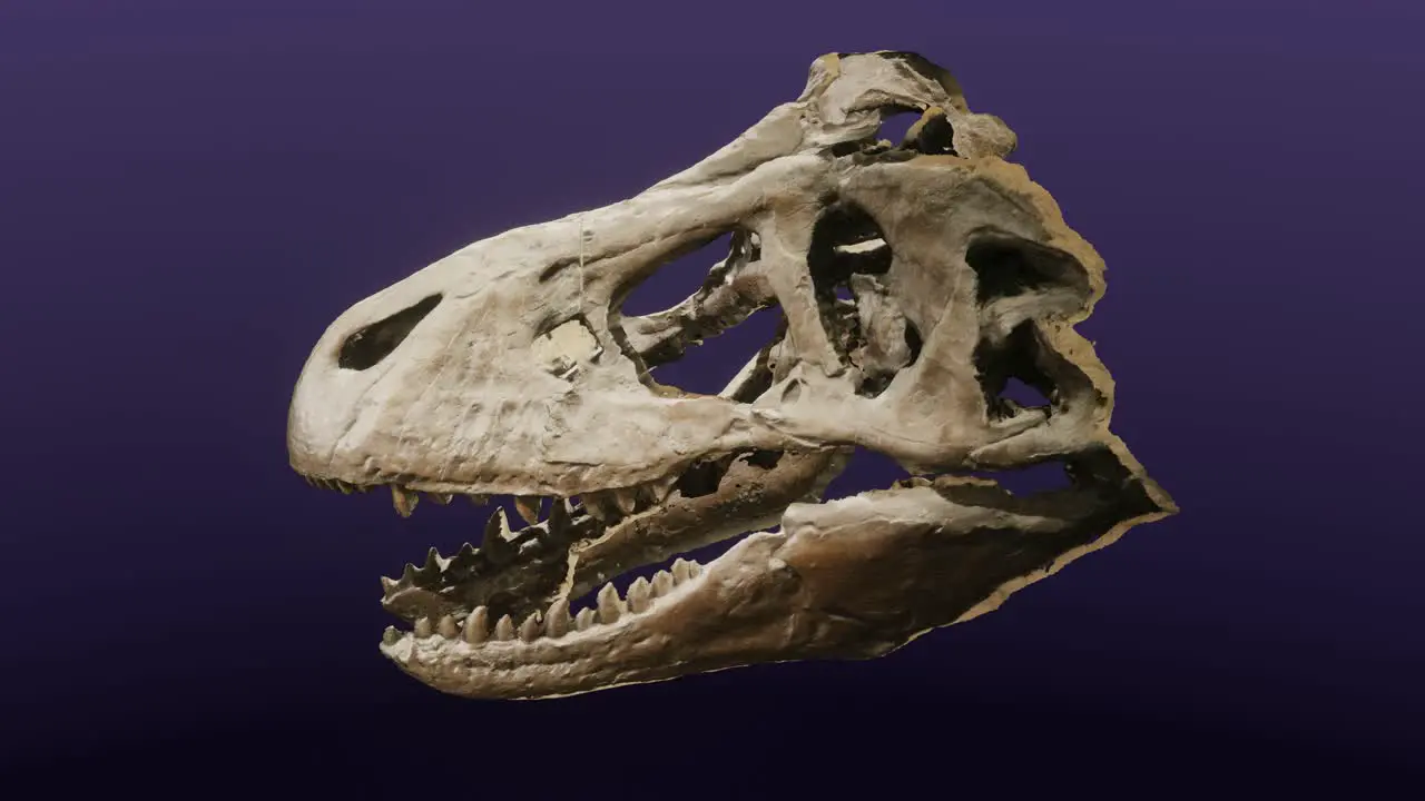 Cast of a Tyrannosaurus rex skull on display at the Museum of the Earth Ithaca New York cg camera orbits