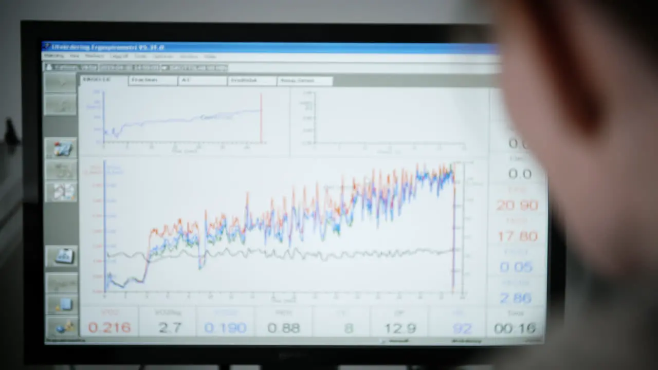 Woman showing activity from sprint on treadmill measured on computer