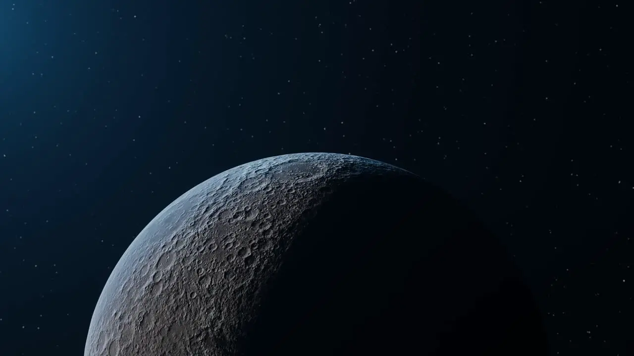 3D Animation of the Moon dramatically lit in space