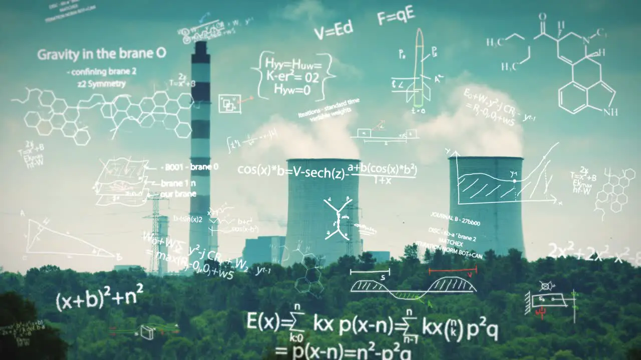 Chemical biological formulas sketches and graphs in front of an old coal power plant works with strong CO2 emissions