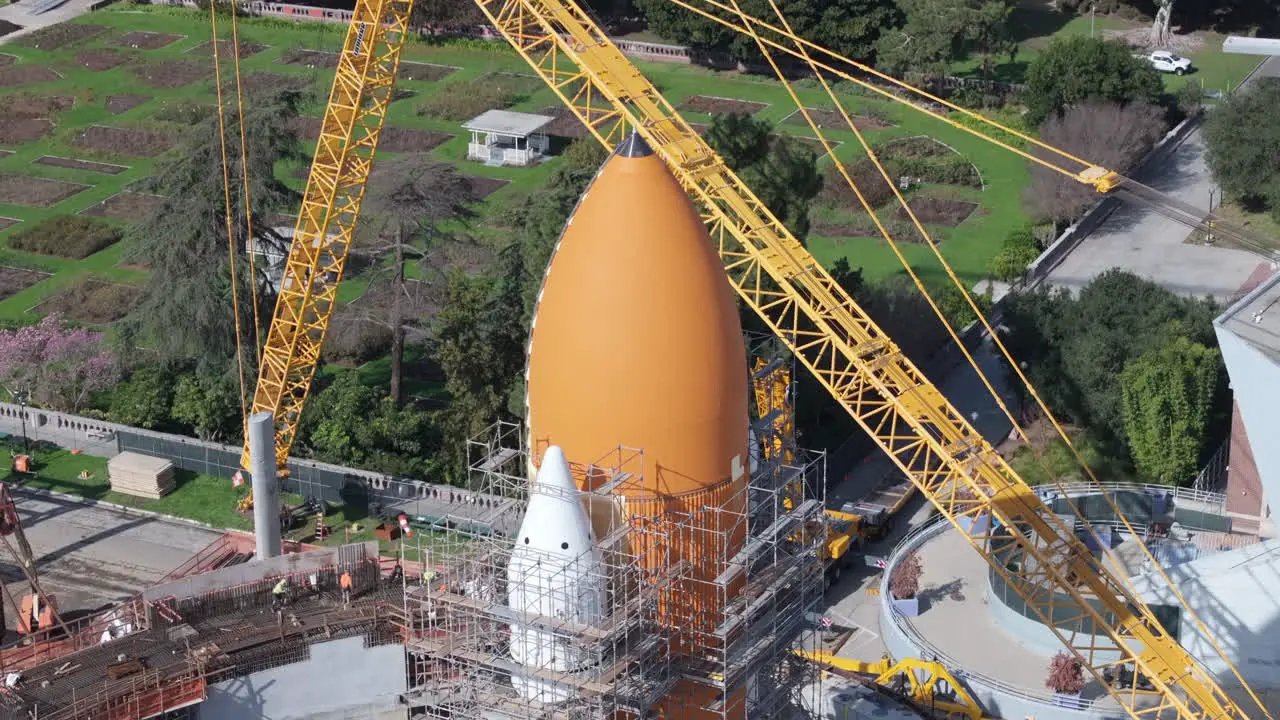 Close up of nose of Space Shuttle Endeavour External tank with scaffolding aerial