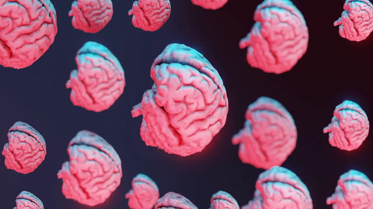 vertical 3D animation showing group of rotating human brains against black screen