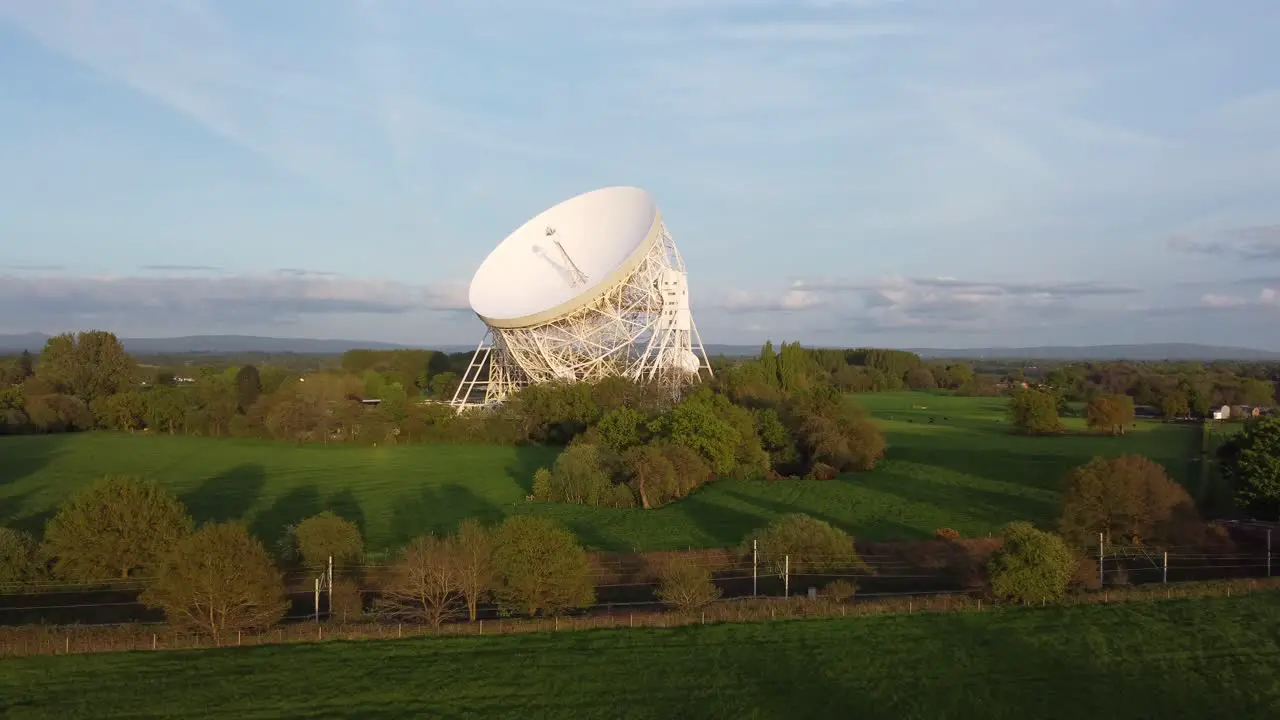 Drone footage flying near Jodrell Bank radio telescope Cheshire UK