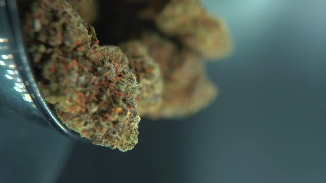 A vertical macro cinematic detailed shot of a cannabis plant orange hybrid strains Indica and sativa green crispy marijuana flower on a 360 rotating stand shiny bowl 4K video studio lighting