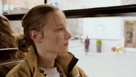 Close up view of young man in the bus