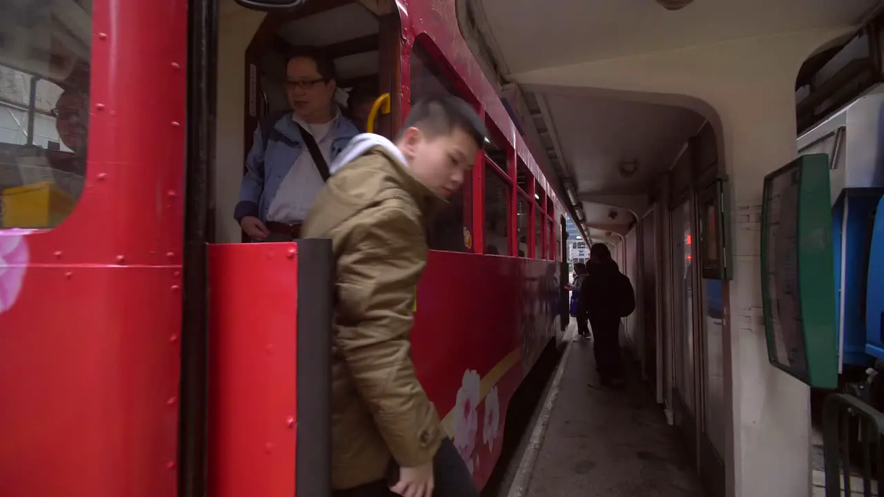 Tram Pulling into Station in Hong Kong