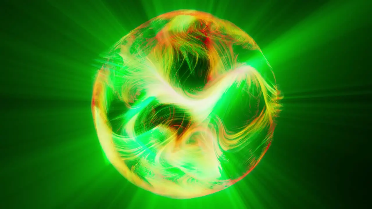 green and orange glowing energy orb rotating in space