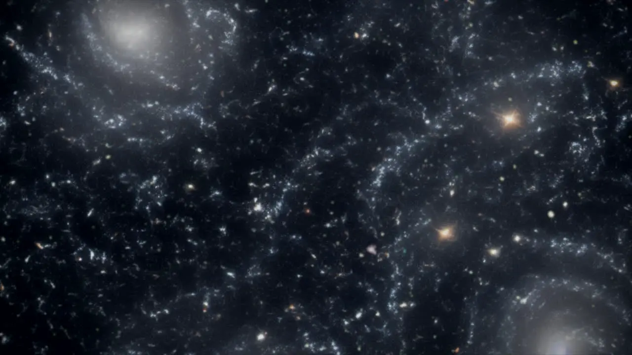 Space travel in a dark swirling universe with stars and galaxies in the nebula cosmos