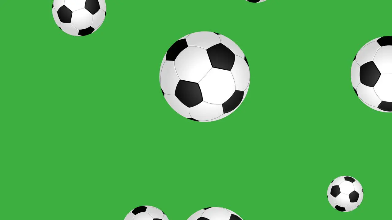 animation of falling soccer balls in different sizes in front of a green screen