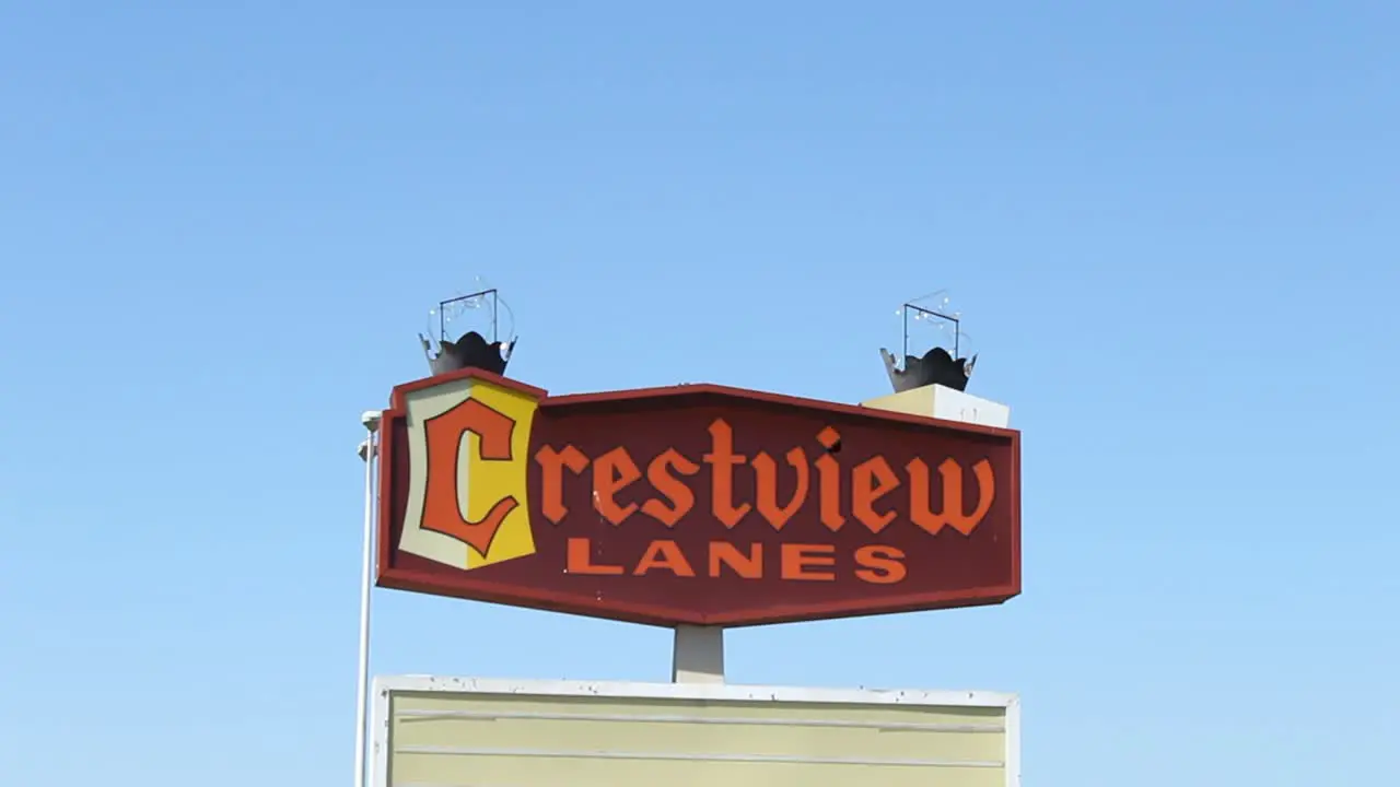 Pan Down to Crestview Lanes Abandoned Bowling Alley Sign and Marquee