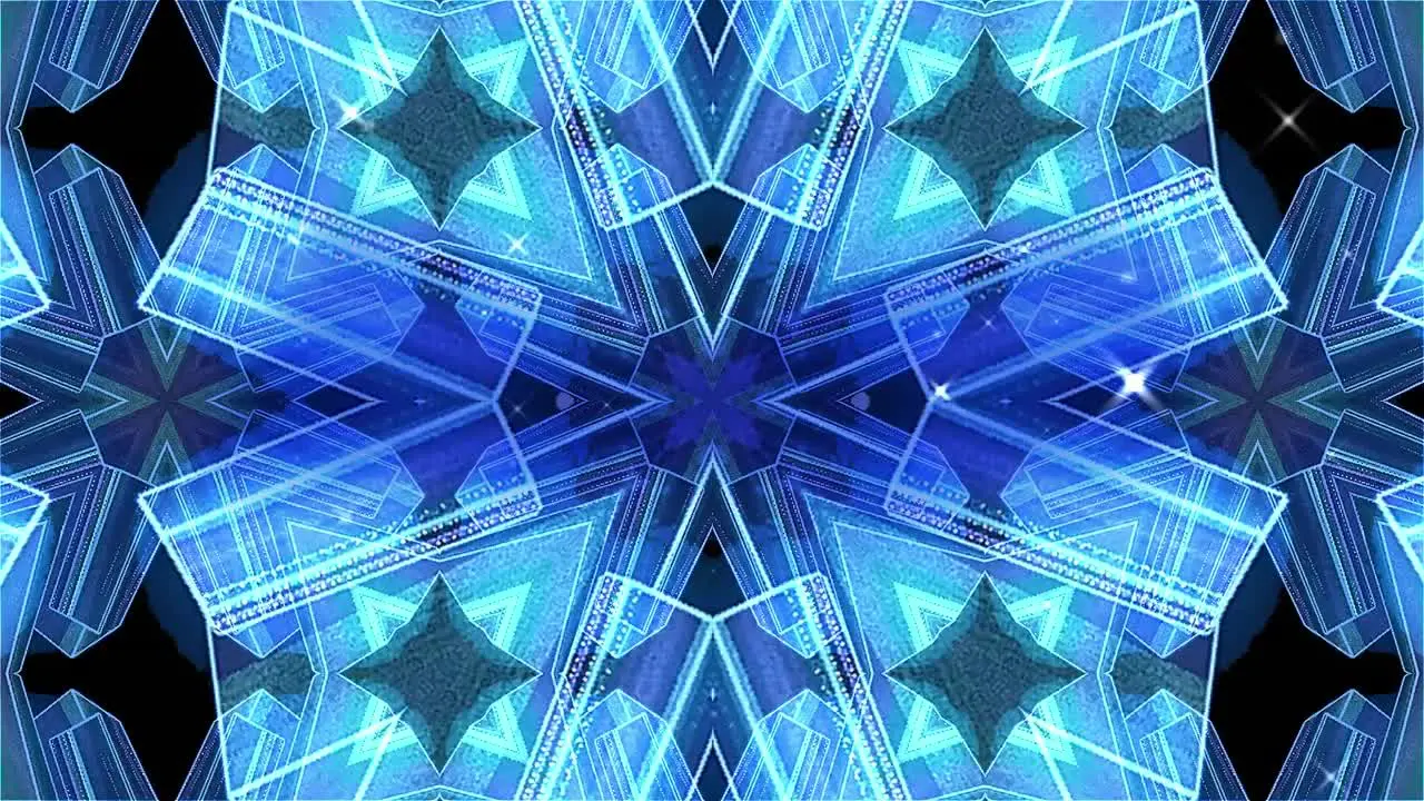 Animation of blue kaleidoscopic moving shapes over sun and glowing moving pink grid