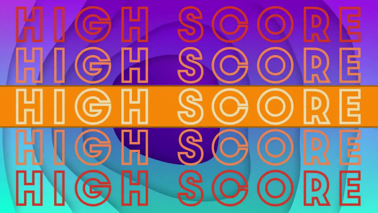 Animation of high score text repeated over colorful moving squares