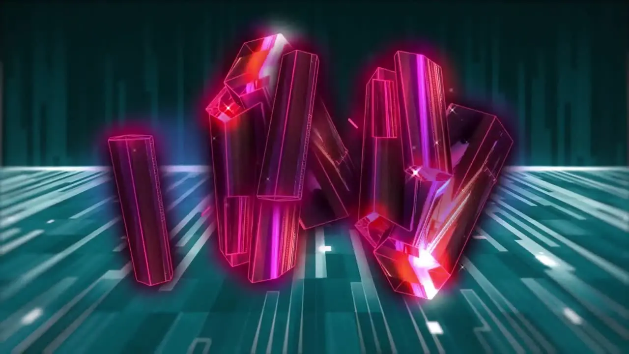 Animation of pink glowing 3d shapes over glowing stripes and moving colorful grid