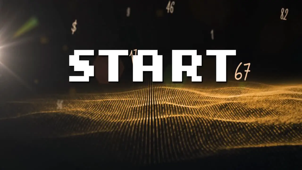 Animation of start text over numbers and gold mesh flowing