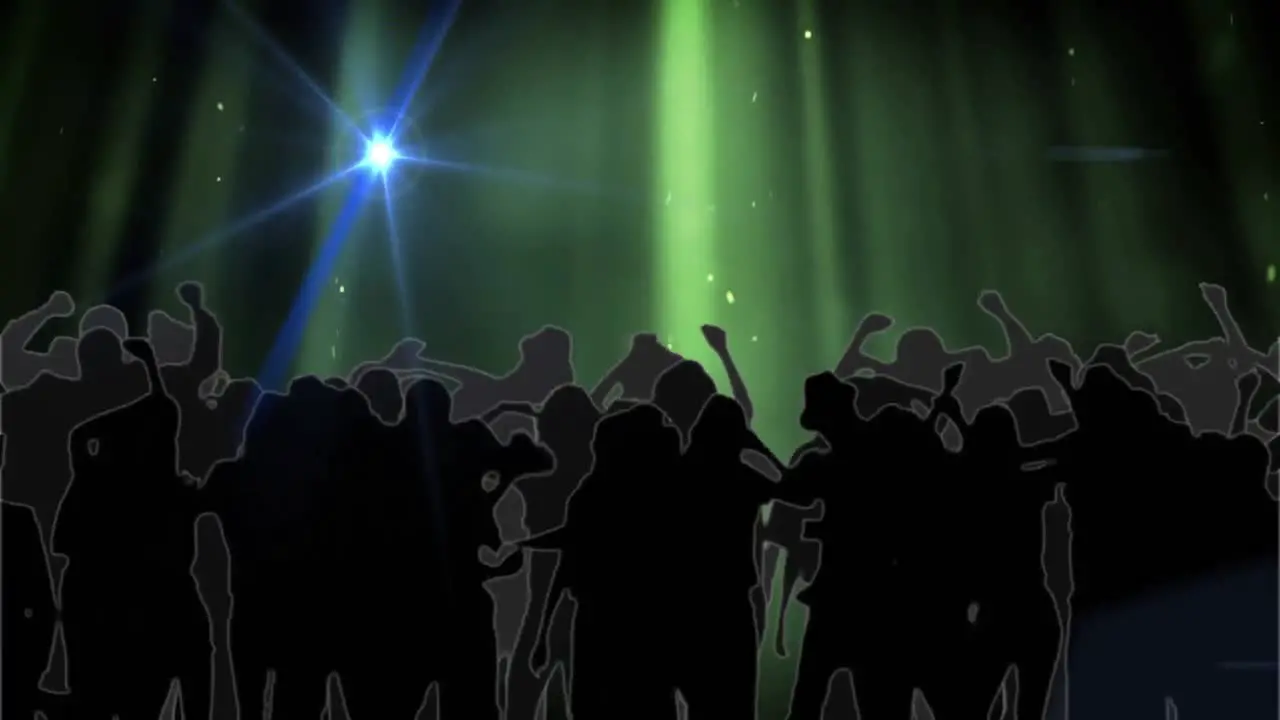 Animation of people dancing in club music venue with blue light moving over glowing spotlights