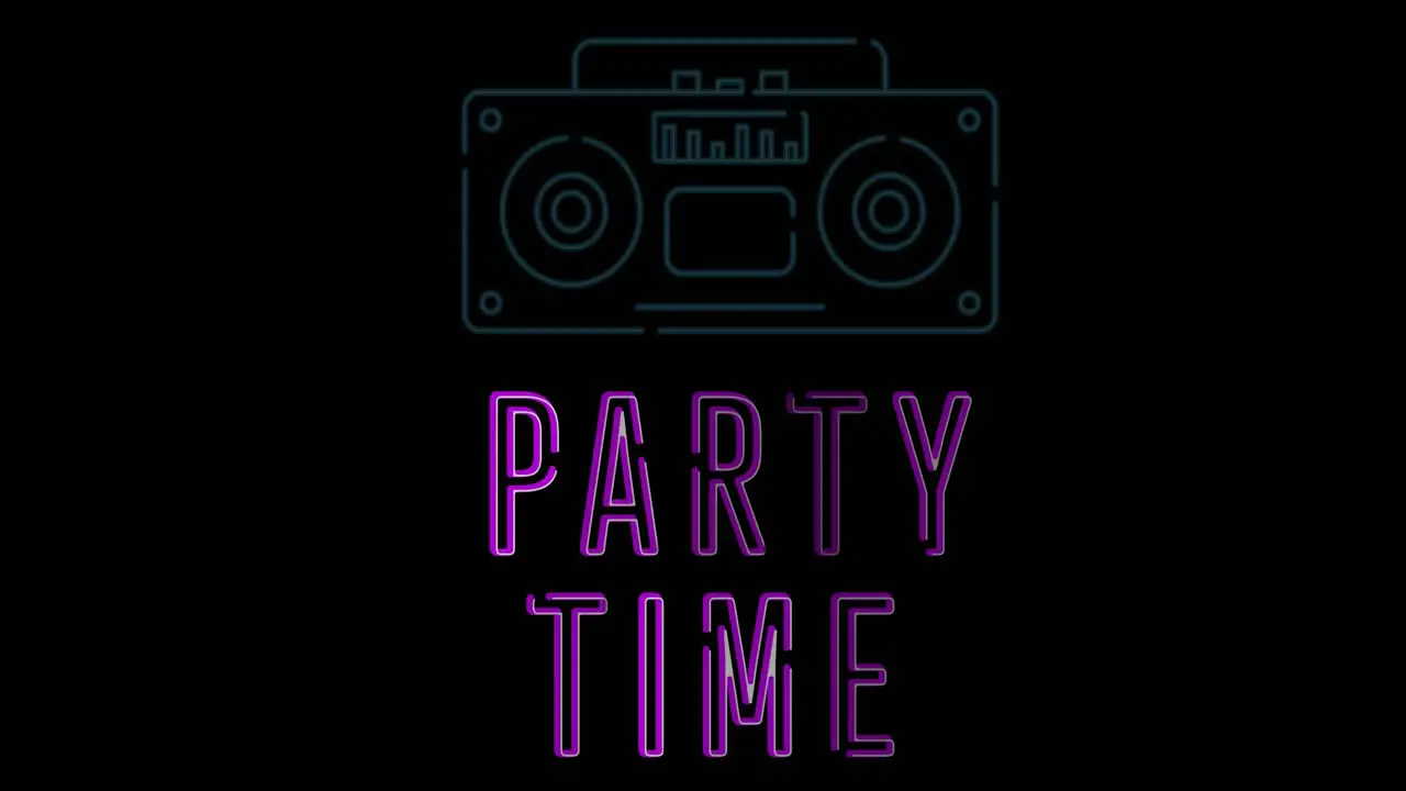 Animation of neon party time text over dark background