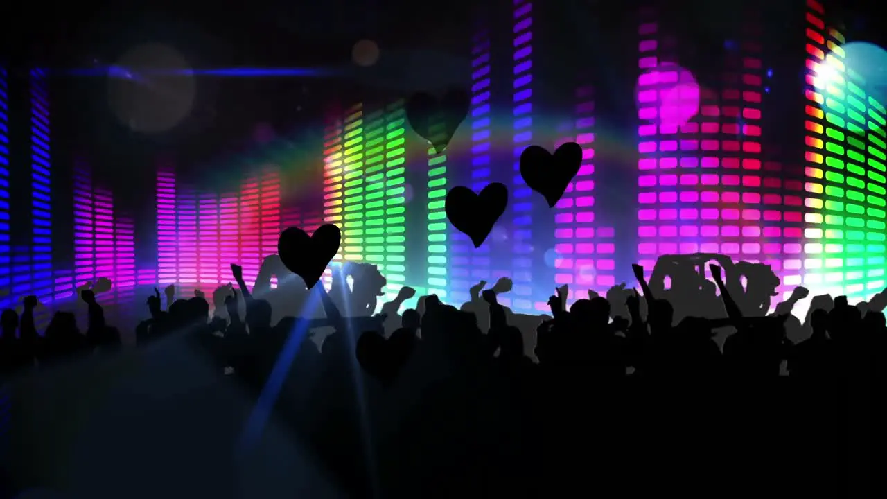 Animation of falling hearts over dancing people and lights