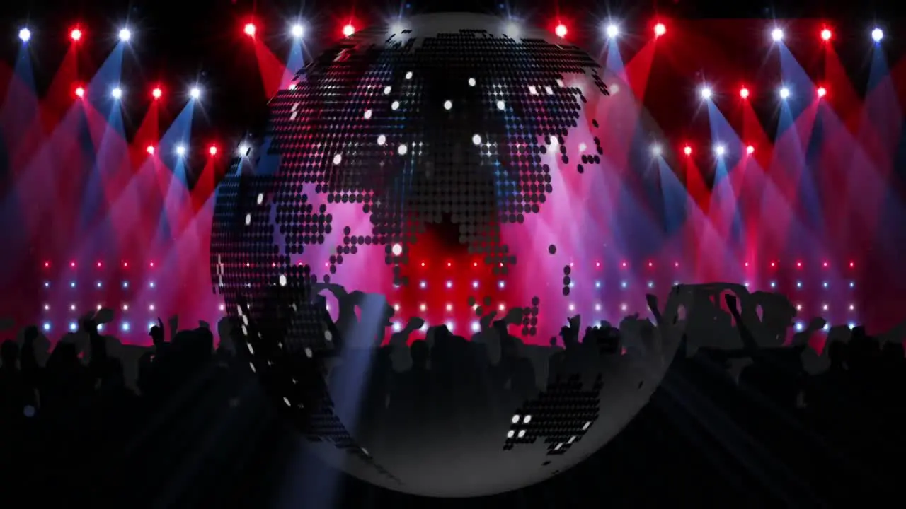 Animation of rotating globe with red and white spotlights and dancing crowd