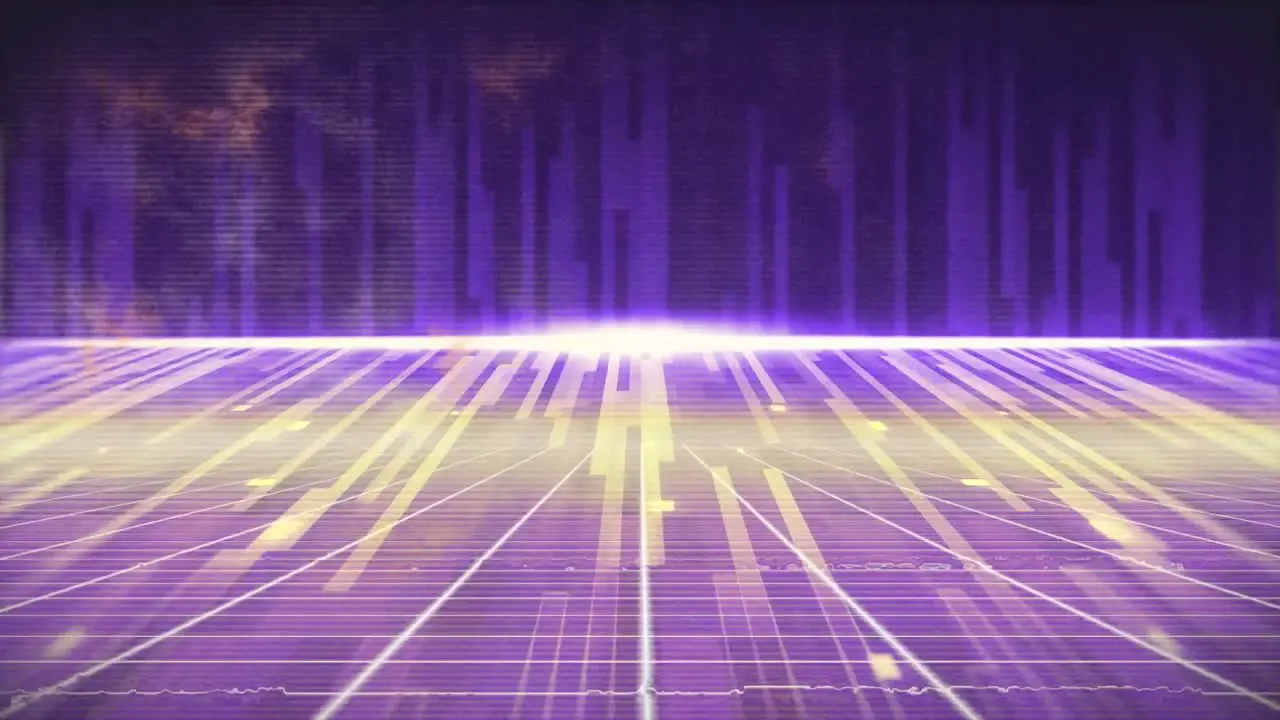 Animation of glowing purple stripes and moving colorful grid