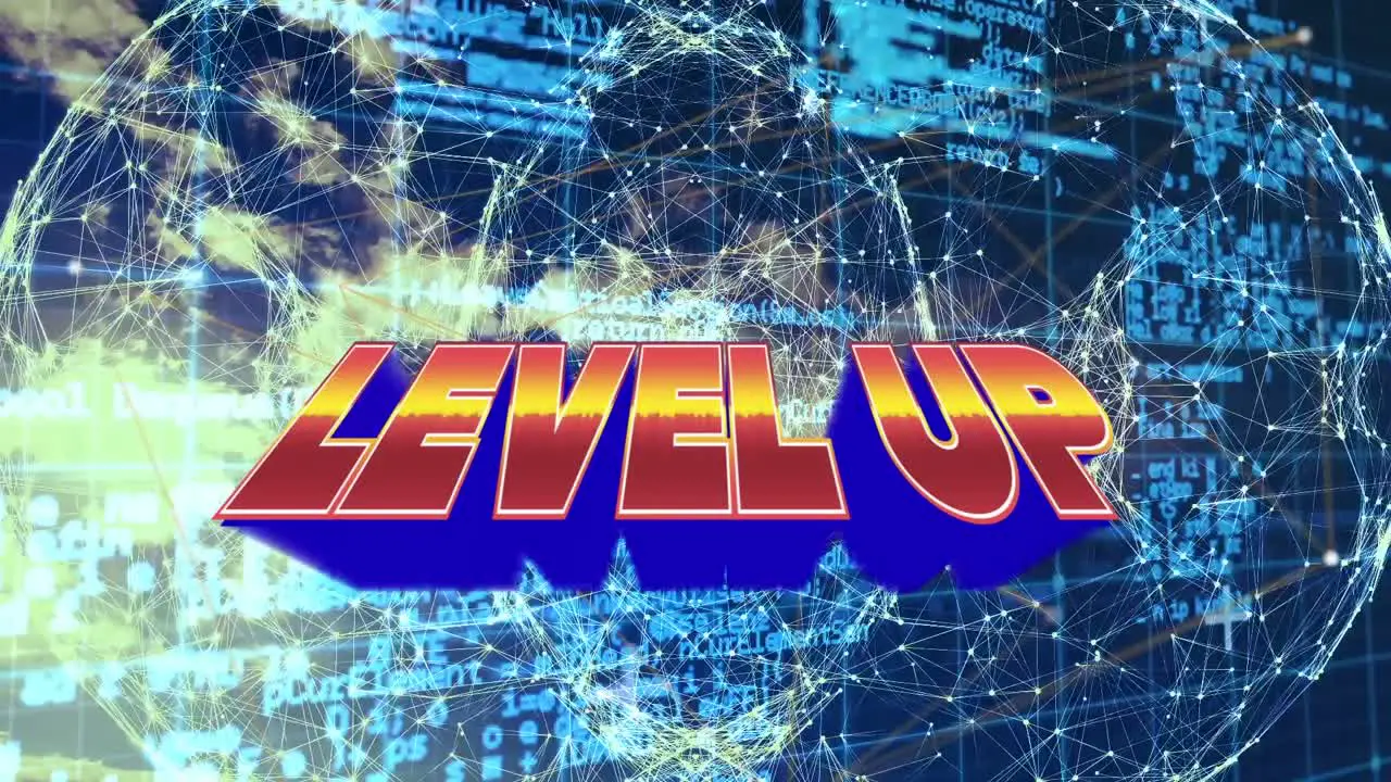 Animation of level up over globe and data processing