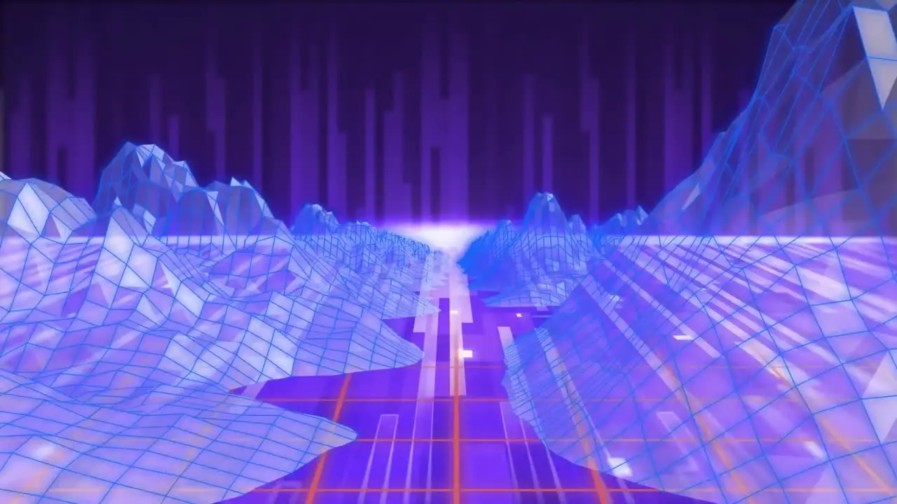 Animation of digital landscape over colorful glowing stripes and lights