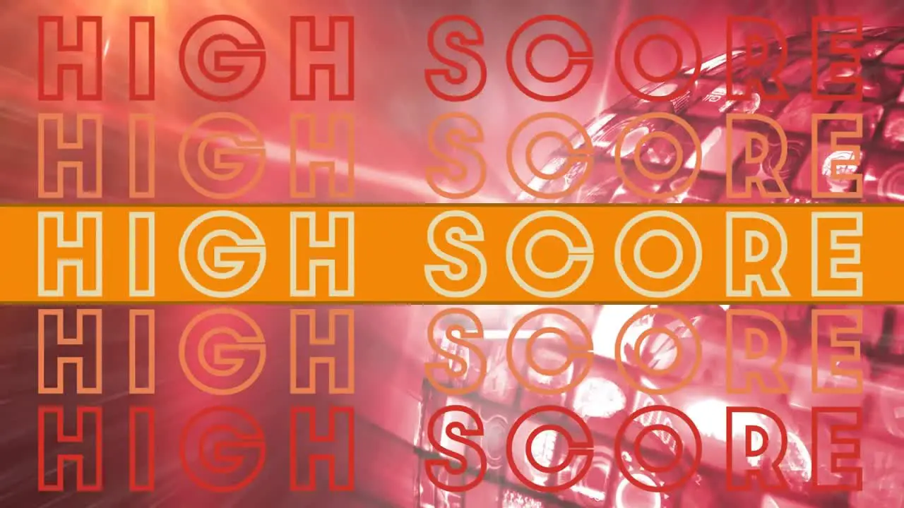 Animation of high score text in repetition on orange banner with glowing mirror globe in background