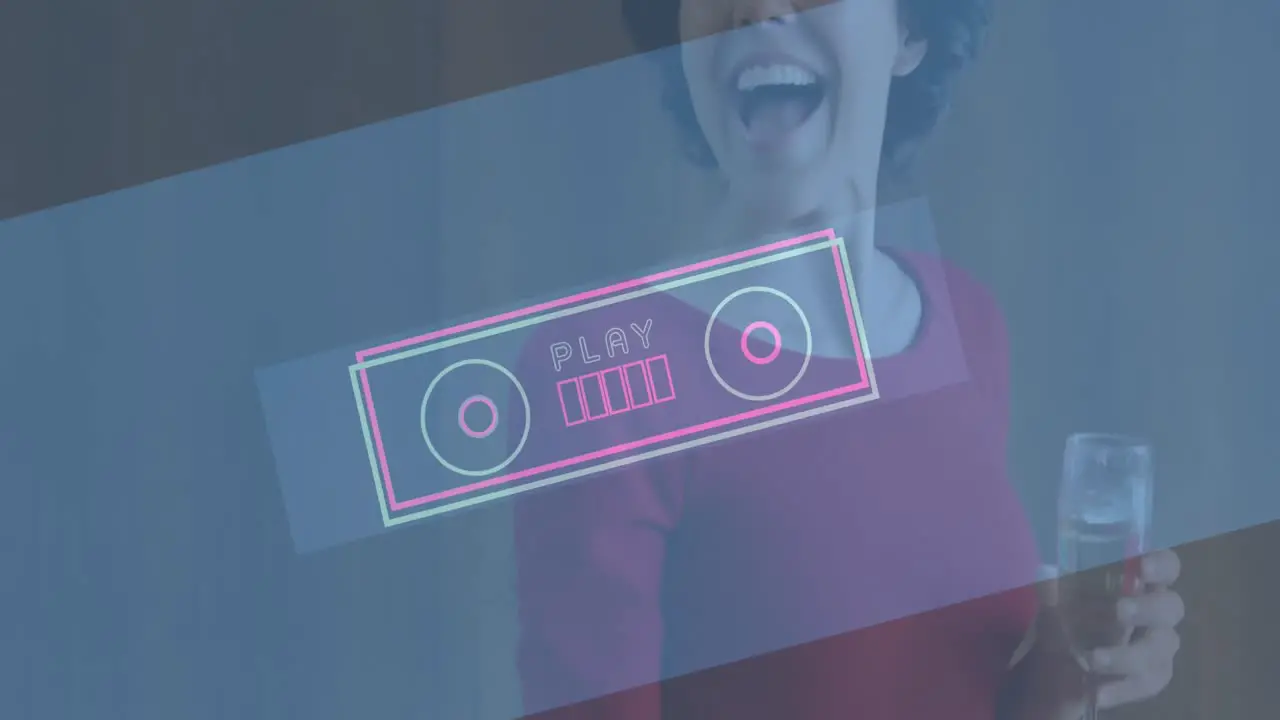 Animation of neon play text ion retro tape recorder over smiling woman dancing