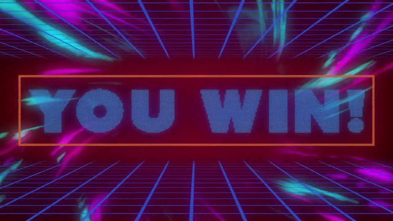 Animation of text you win over blue grid and glowing blue and purple lights on black