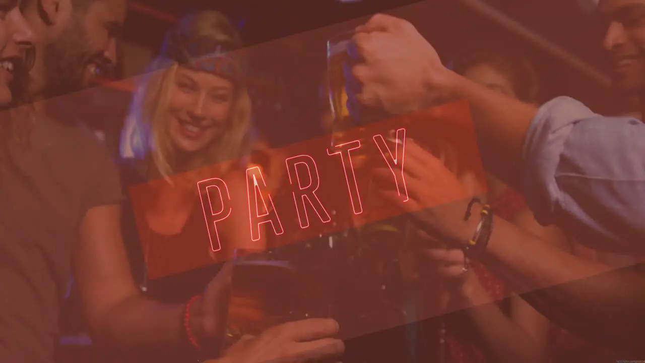 Animation of neon party text in red over smiling male and female friends making toast in bar