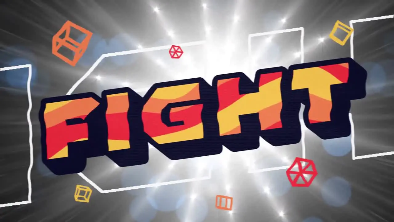 Animation of fight text in red orange and yellow letters over geometric shapes and glowing