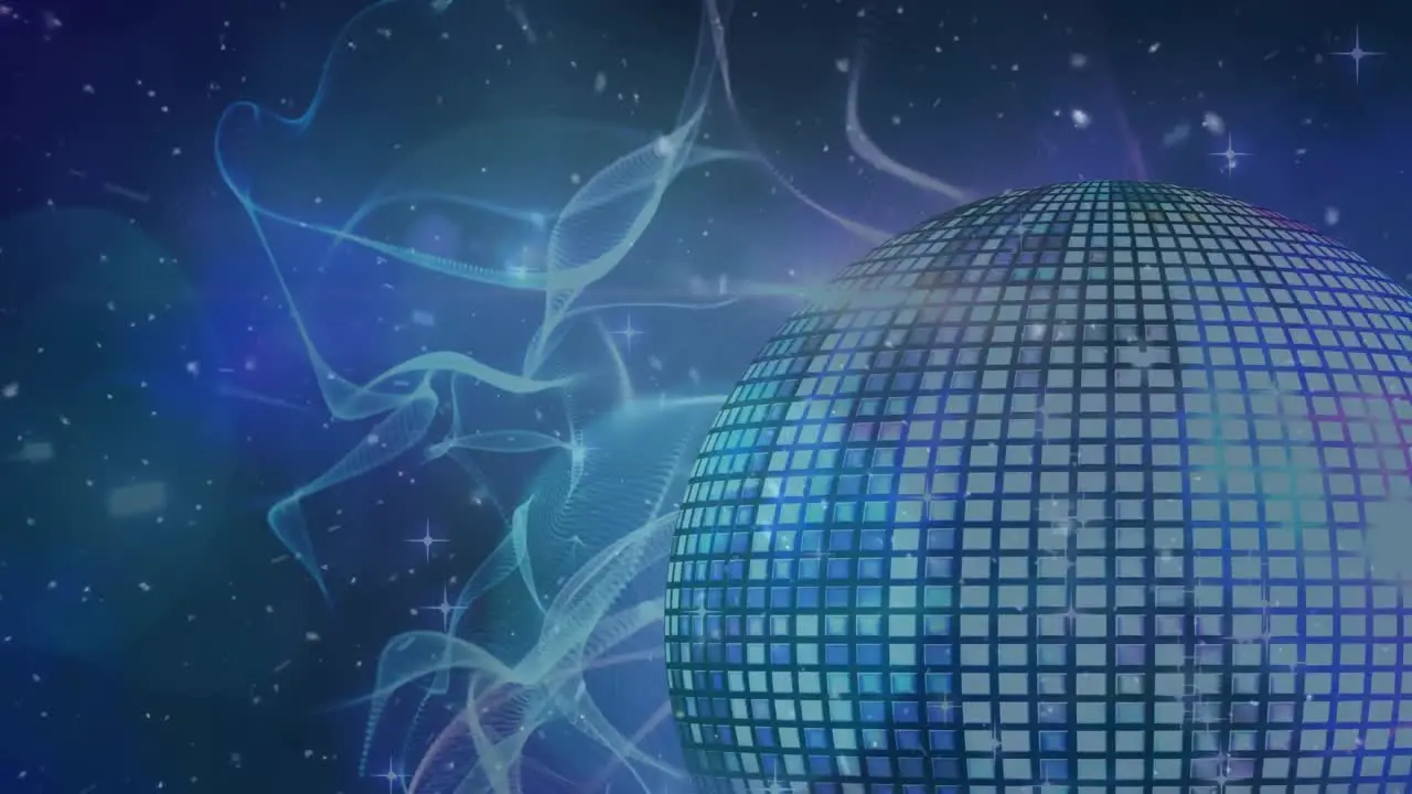 Animation of sports of light over mirror ball on blue background