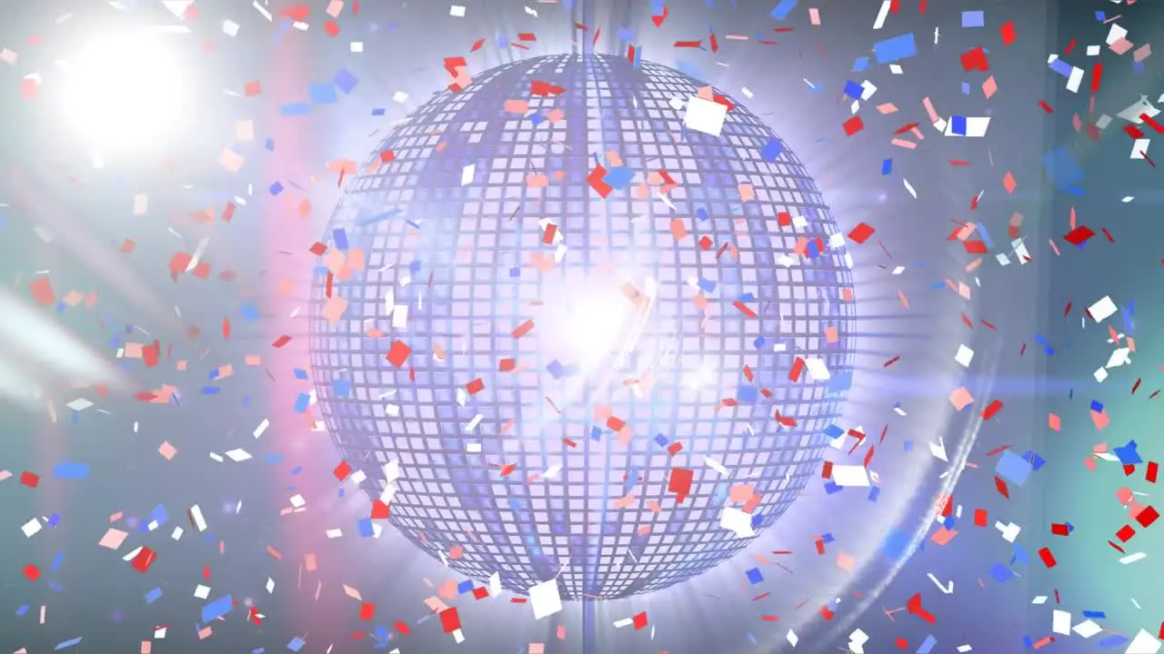 Animation of confetti and disco ball rotating on background with lights