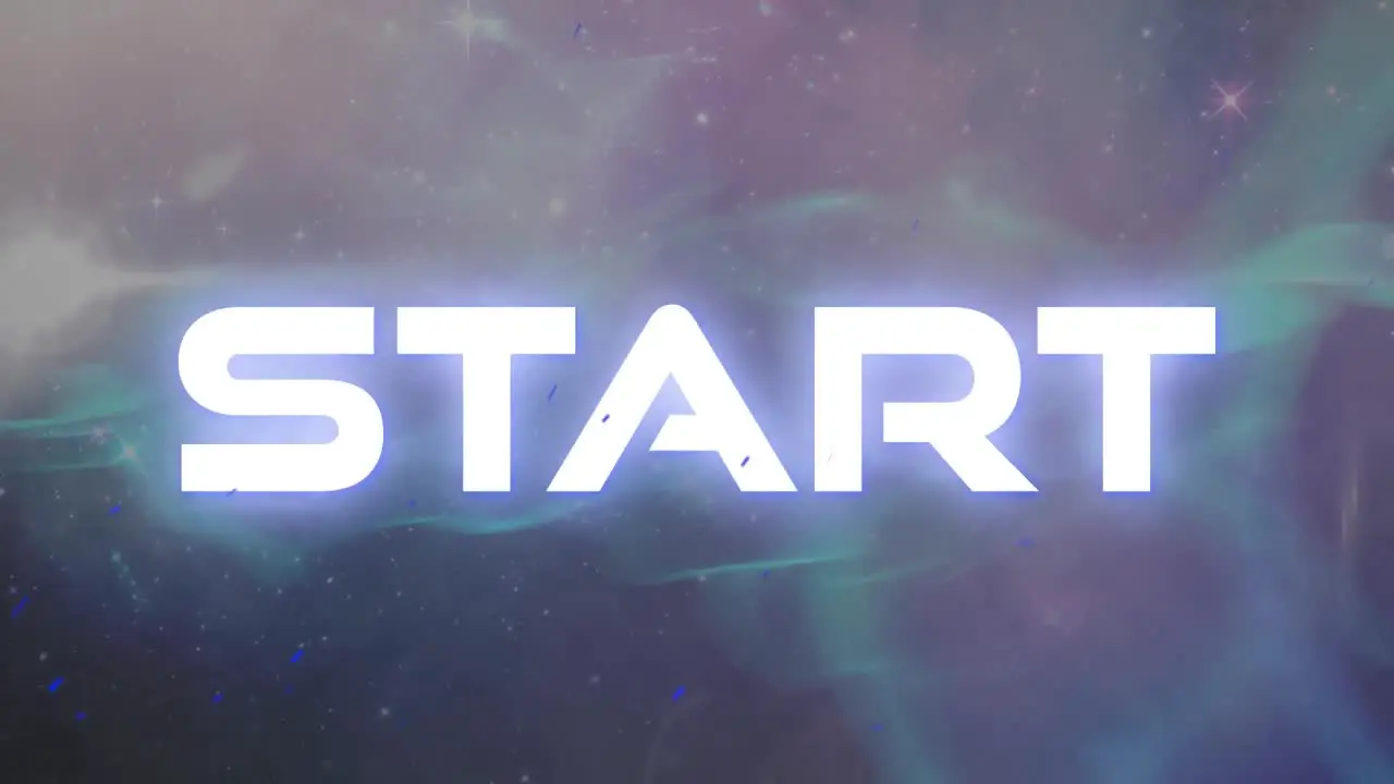 Animation of start text in white letters over glowing blue to purple universe